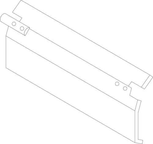 Bosch Klappe in schematischer Darstellung, zeigt die Form und Struktur eines Produkts mit zwei Löchern zur Befestigung und einem L-förmigen Ende.